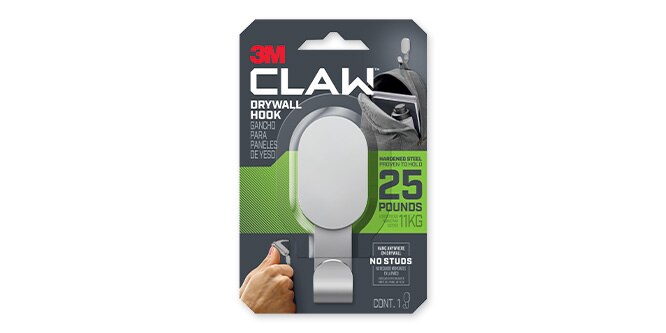 25 lb 3M CLAW™ Drywall Hook, Silver, in package
