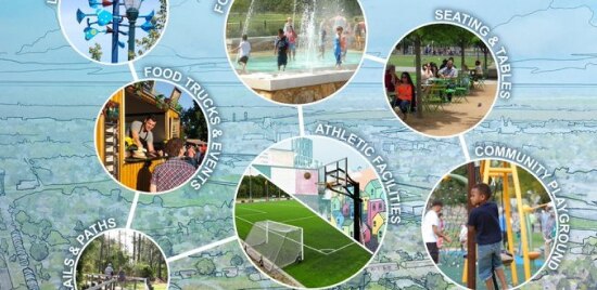 Collage of local activities and attractions in Decatur, Alabama such as parks, playgrounds, athletics and food trucks.
