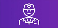 Person wearing uniform icon in white on purple background