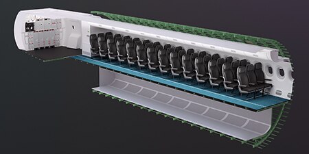 Half of an airplane cabin interior cross section seats
