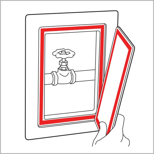 Line drawing of a pipe valve access panel with red lines where 3M™ Dual Lock™ can be used for panel attachment
