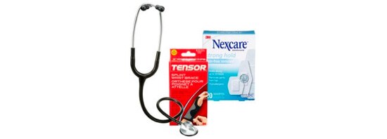 A stethoscope, a blue box of bandages, and a red box containing a compression bandage.
