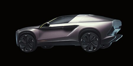 Futuristic grey sedan on a black background
