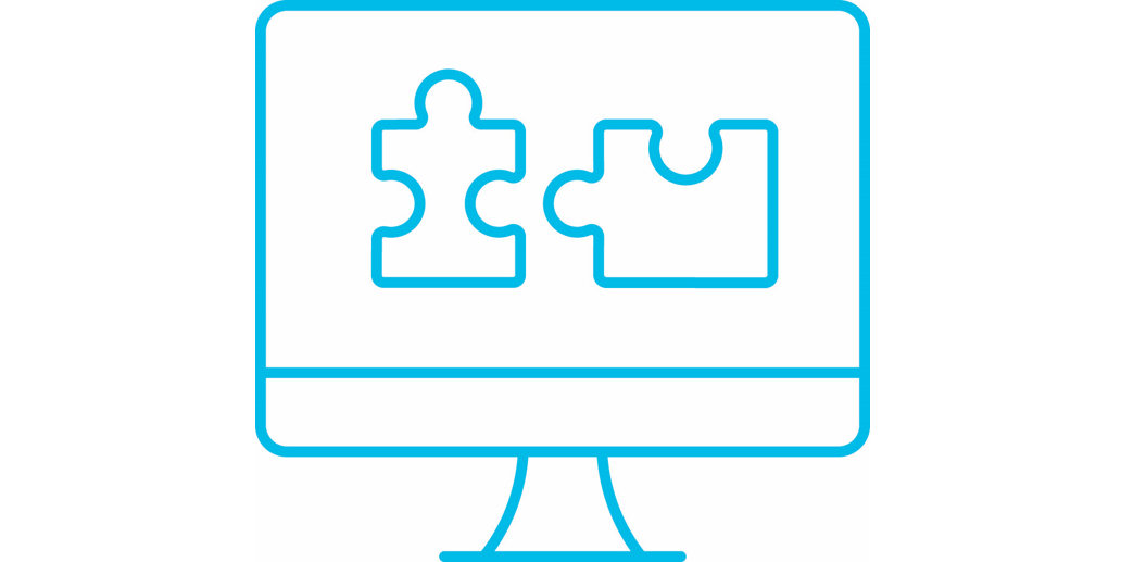 Icon of computer with 2 compatible puzzle pieces
