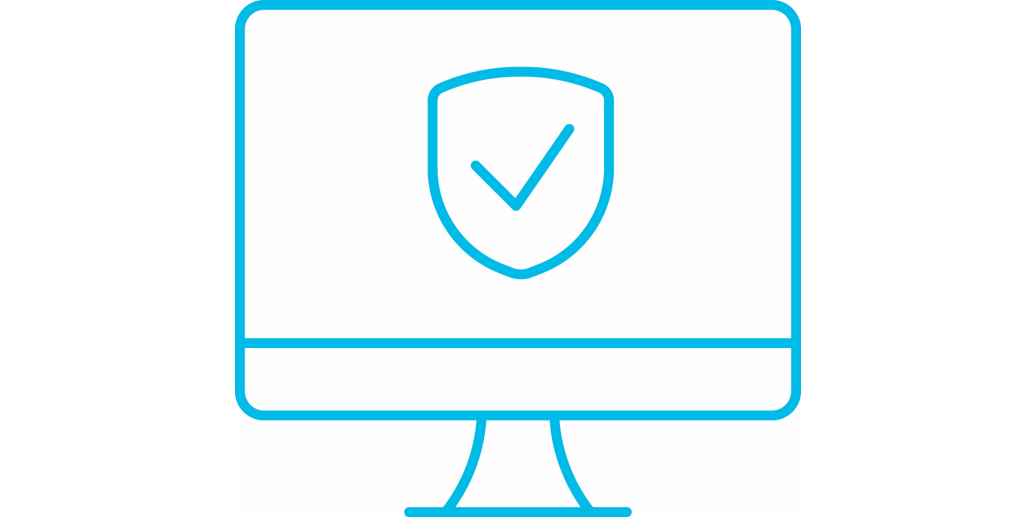 Icon of computer with checkmark inside a shield meaning protection and trust
