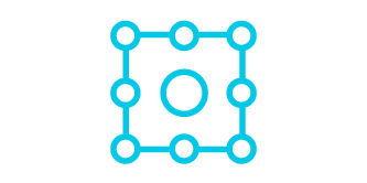 Icon of a square with circles on the vertices and faces, the icon is a teal line illustration with a white background.
