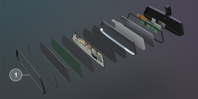 3M display bonding exploded view showing where 3M™ Thin Bond Tapes, 3M™ VHB™ Tapes, and Mirror Buttons with 3M™ Structural Bonding Tape can be used.
