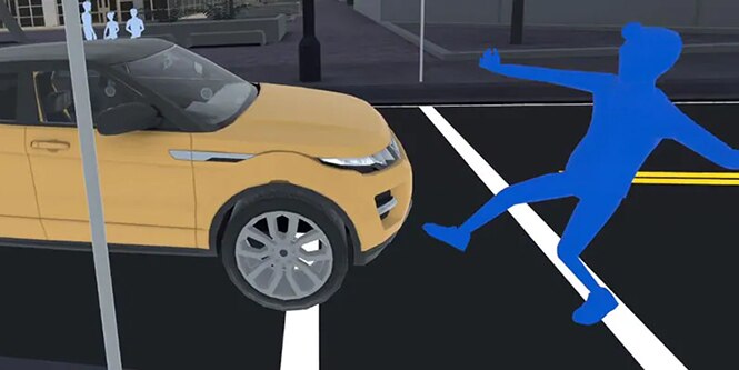 Graphic of pedestrian in urban crosswalk losing balance backing up as car enters crosswalk.
