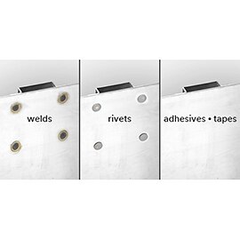 Learn about the benefits of adhesives and how they can improve appearance of product designs. Image comparison of stiffener joint with welds, rivets and adhesives..
