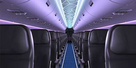Airplane aisle seats at night
