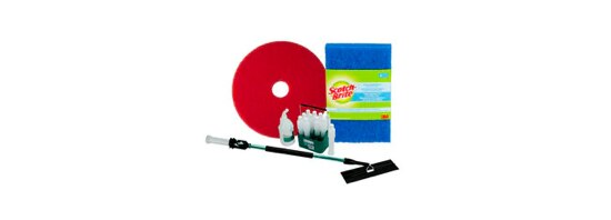A floor pad, mop, spray bottles, and Scotch-Brite® Non-Scratch Scour Pads.
