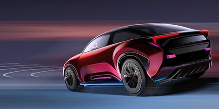 A sedan driving with sensors in the front.
