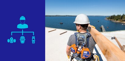 Icon of worker and assigned PPE with image of woker at height wearing fall protection gear