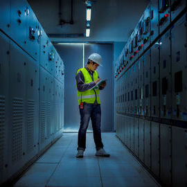 Worker in a hard hat and safety vest inspecting equipment in a data center
