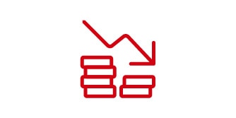 Downward arrow above stacked coins illustrating cost reduction benefits of FAA PMA parts for lowering OEM material expenses.
