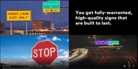split screen with various images of highway road signs being lit up by night with reflective film.
