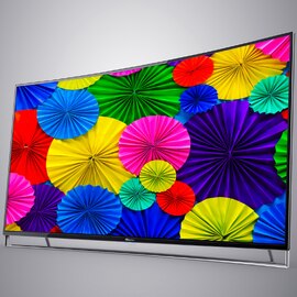 Large display with a brightly colored image on the screen.
