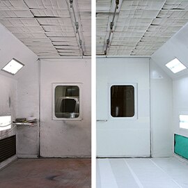 Before and after of a paint booth after utilizing 3M dust-fighting solutions to keep the work zone clean