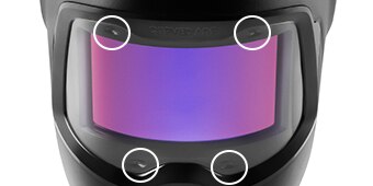 graphic of welding helmet highlighting four arc sensors
