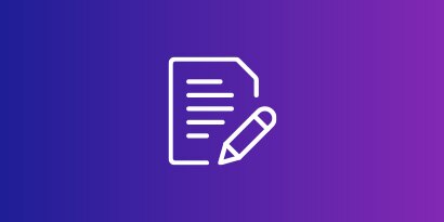 Document with pencil icon in white on purple gradient background

