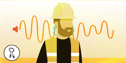 Illustration showing worker wearing hardhat and corded earplugs

