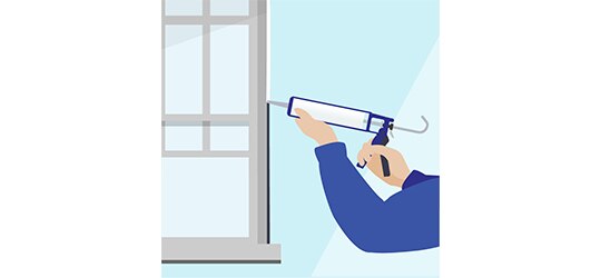 An illustration of a person fixing their leaky window with caulk.