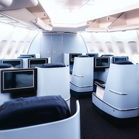First class interior of a modern aircraft.