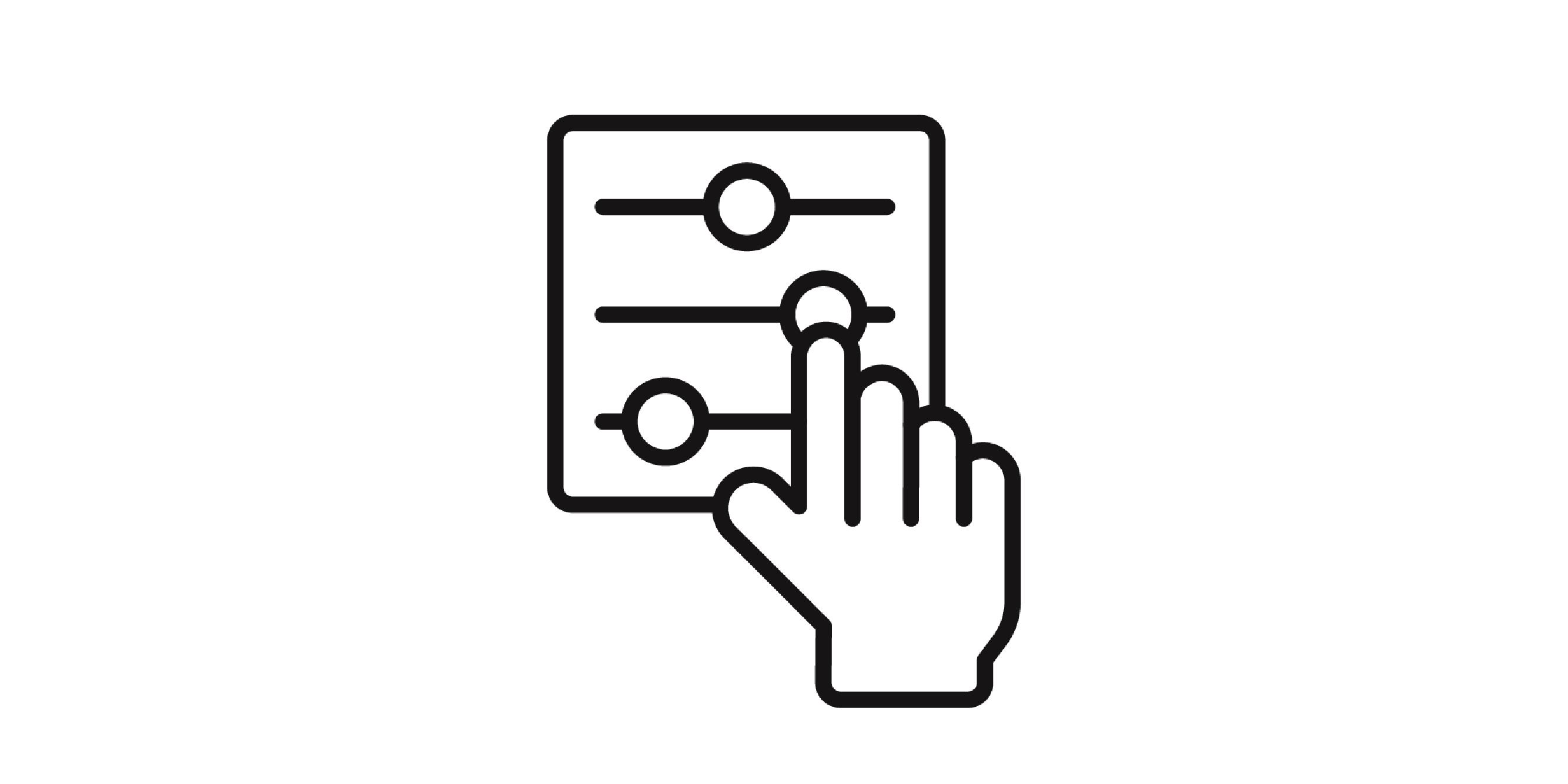 Icon of a hand with pointing to a sheet with three lines and circles
