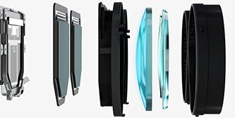 Exploded view of VR/AR headset's lenses and optics.
