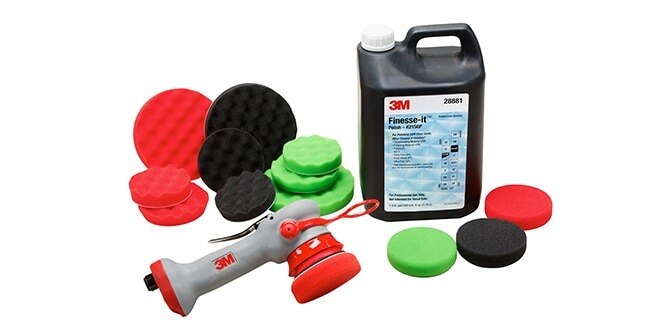 Picture of industrial buffing and polishing pads, machine and 3M™ Finesse-It™ Polish
