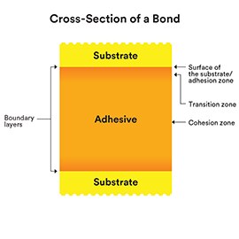 Learn about the distinctly different zones within an adhesive bond. Image of a cross section of a bond.