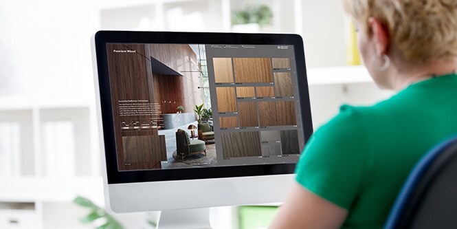 Image of woman using desktop computer to browse interactive catalog.

