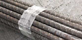 Image of filament tape holding together rebar
