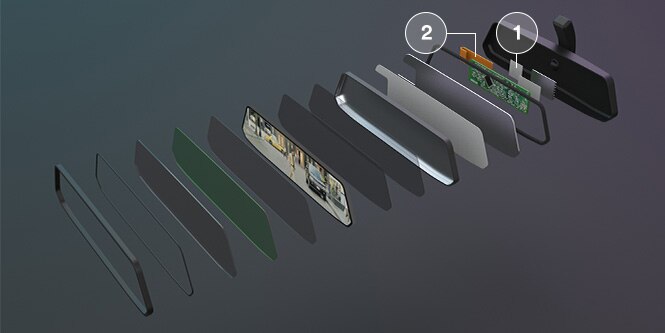 Rearview mirror exploded view showing where 3M EMI absorbers and 3M Electrically Conductive Tapes can be used.
