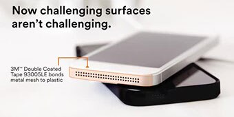 Video still: “Now challenging surfaces aren’t challenging. 3M™ Double coated Tape 93005LE bonds metal mesh to plastic.”
