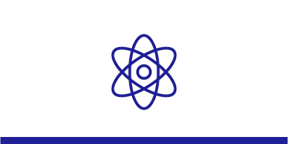 Dark blue line art icon of an atom representing material science.

