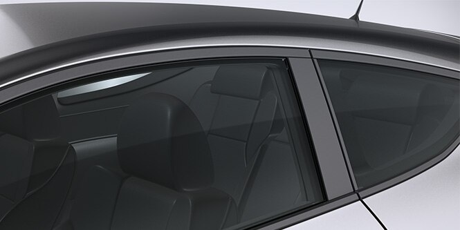 Blackout film on the door sash of a grey coupe.

