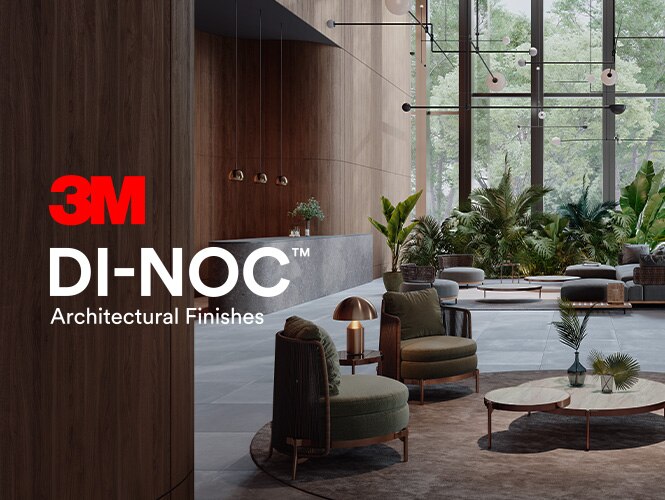 Modern, nature-inspired hotel lobby interior featuring callouts indicating 3M Architectural Finishes used throughout with 3M DI-NOC Architectural Finishes logo overlaid on image.
