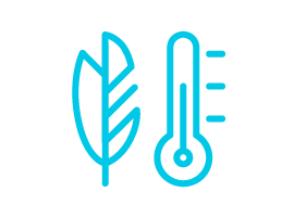 Lightweighting and thermal management icon of a feather and thermometer.