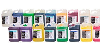 3M chemical disinfectant bottles lined up in two rows
