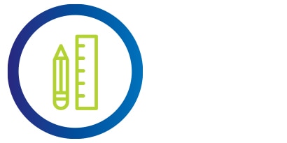 Graphic of green pencil and ruler within blue circle.
