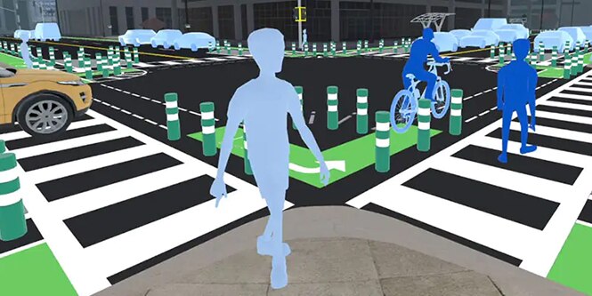 Graphic of urban intersection with pedestrians, bicyclist and vehicles using crosswalk, protected bike lane and road.
