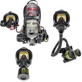 Single 3M Scott facemask shown used in three respiratory applications: SCBA, PAPR and Air Purifying Respirator