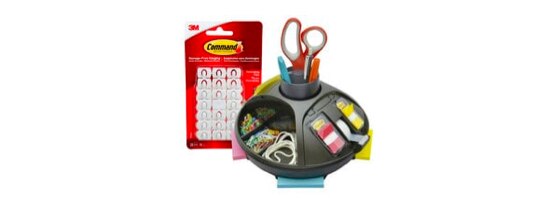 A package of Command™ Brand hooks and an organizer full of office supplies.
