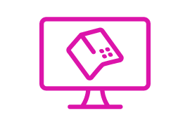 Pink icon of a computer screen displaying a material data card.