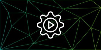 Graphic of faintly outlined triangle mesh on a black background with a bright icon of a gearwheel at the center
