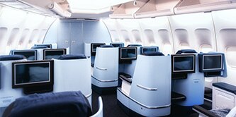 First class interior of a modern aircraft.