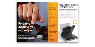 Image showing the cover of the 3M Adhesive Solutions for Foldable Displays Brochure, featuring a close-up of a hand folding a display and highlighting adhesive solutions for maintaining device integrity.
