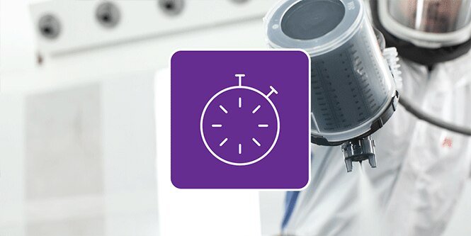 Paint technician user 3M PPS 2.0 Cup System in paint booth with illustrative icon of a stop watch over image
