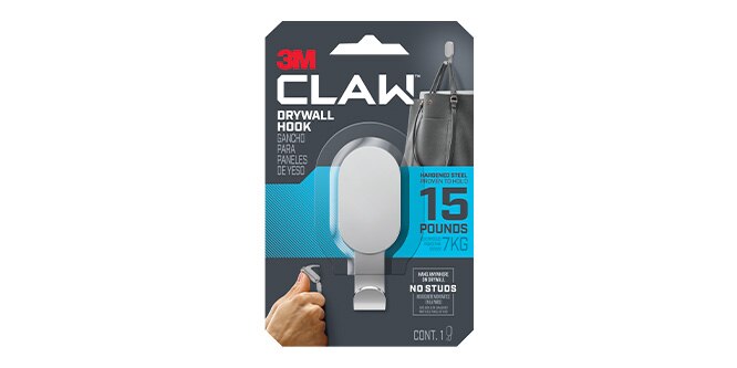 15 lb 3M CLAW™ Drywall Hook, Silver, in package
